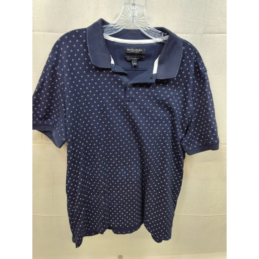 Banana Republic Luxury Touch Polo Shirt Mens Large Navy Blue Micro Print Cotton‎